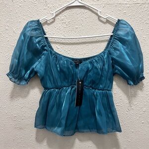 Thirty Thirty Puff Sleeve Teal Crop Top NWT